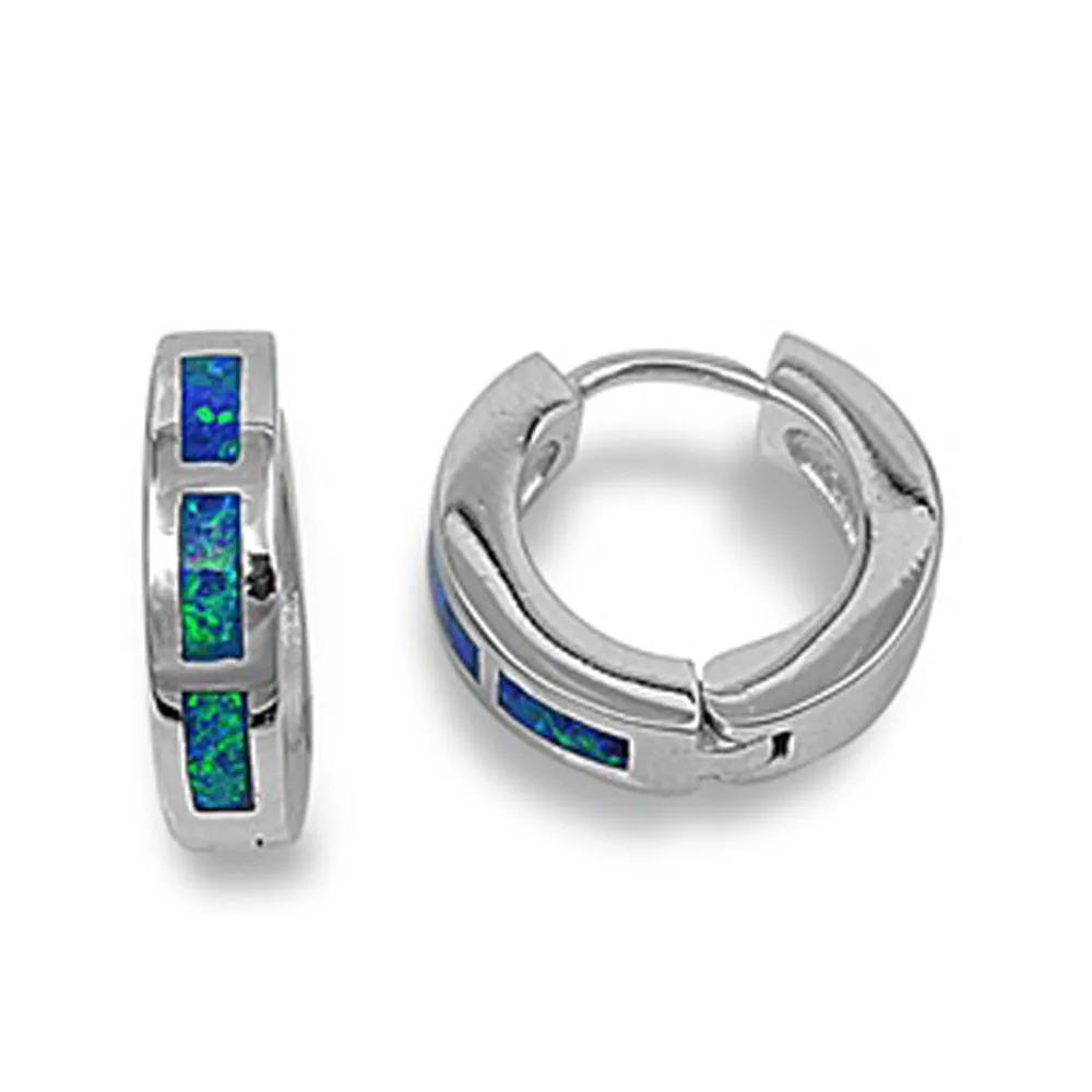 Sterling Silver Modern Hoop Mosaic Hinge Geometric Earrings Blue Synthetic Opal