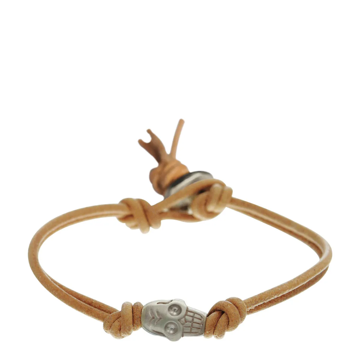 Sterling Silver Single Large Skull Bracelet on Natural Leather Cord with Button Closure