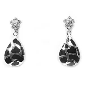 Sterling Silver Statement Dangle Flower Cluster Animal Print Earrings Clear CZ