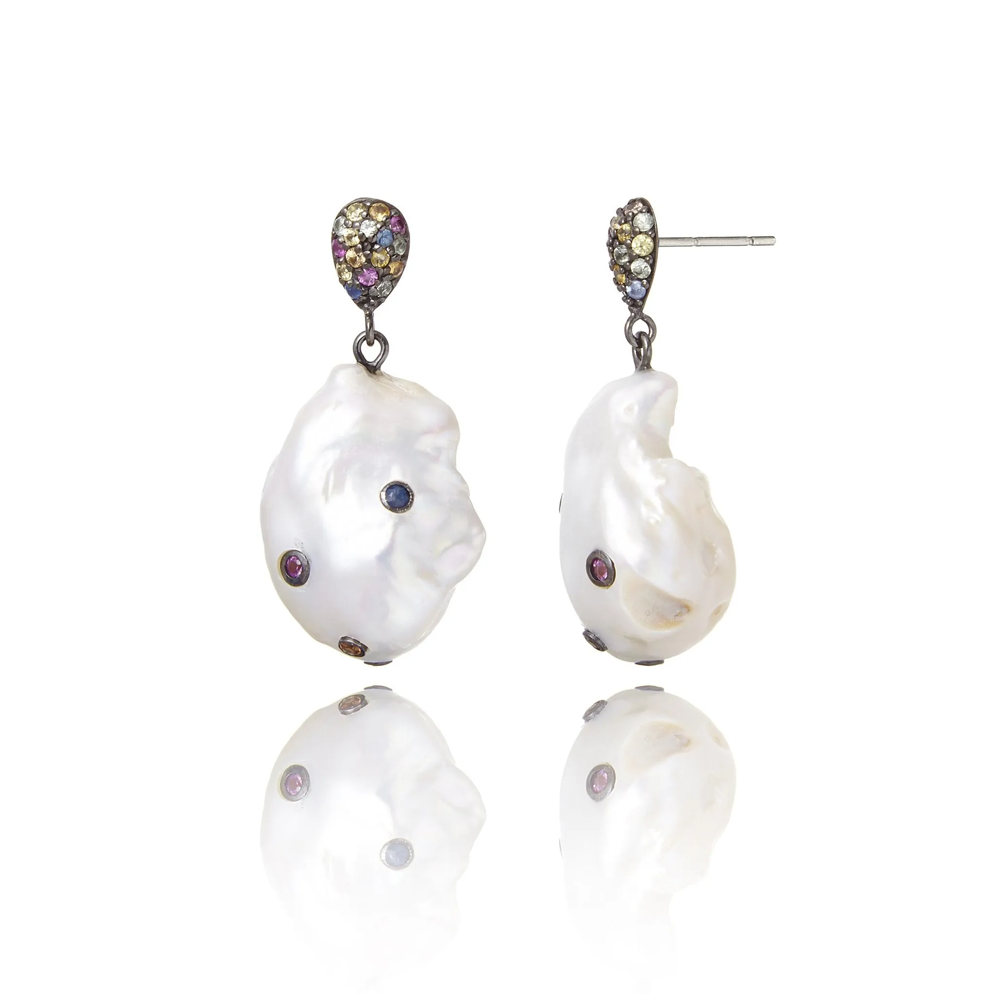 Sterling Silver Statement Earrings with Mixed Sapphires & White Pearl