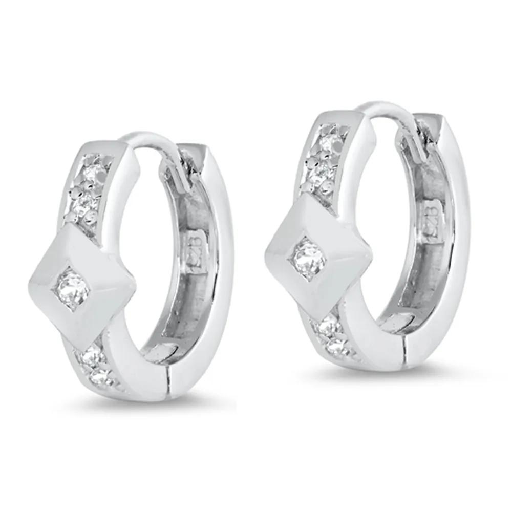 Sterling Silver Studded Modern Hoop Geometric Unique Huggie Earrings Clear CZ
