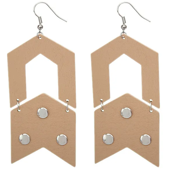 Tan Wooden Open Geometric Link Earrings