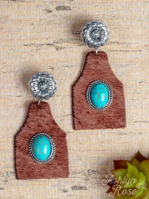Tavern Lovin' Fur Earrings with Turquoise Stone - Brown
