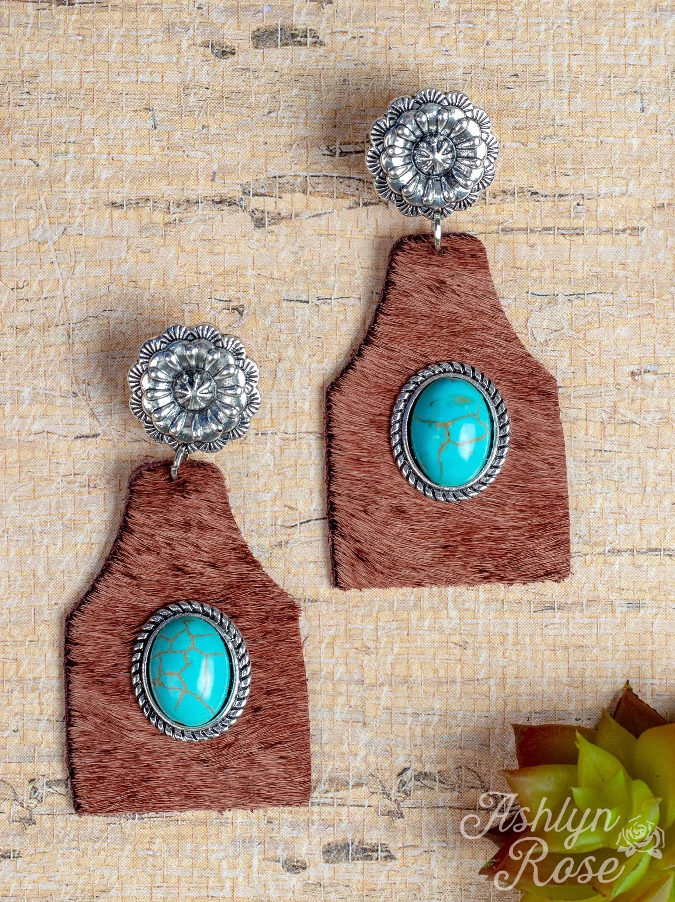 Tavern Lovin' Fur Earrings with Turquoise Stone - Brown