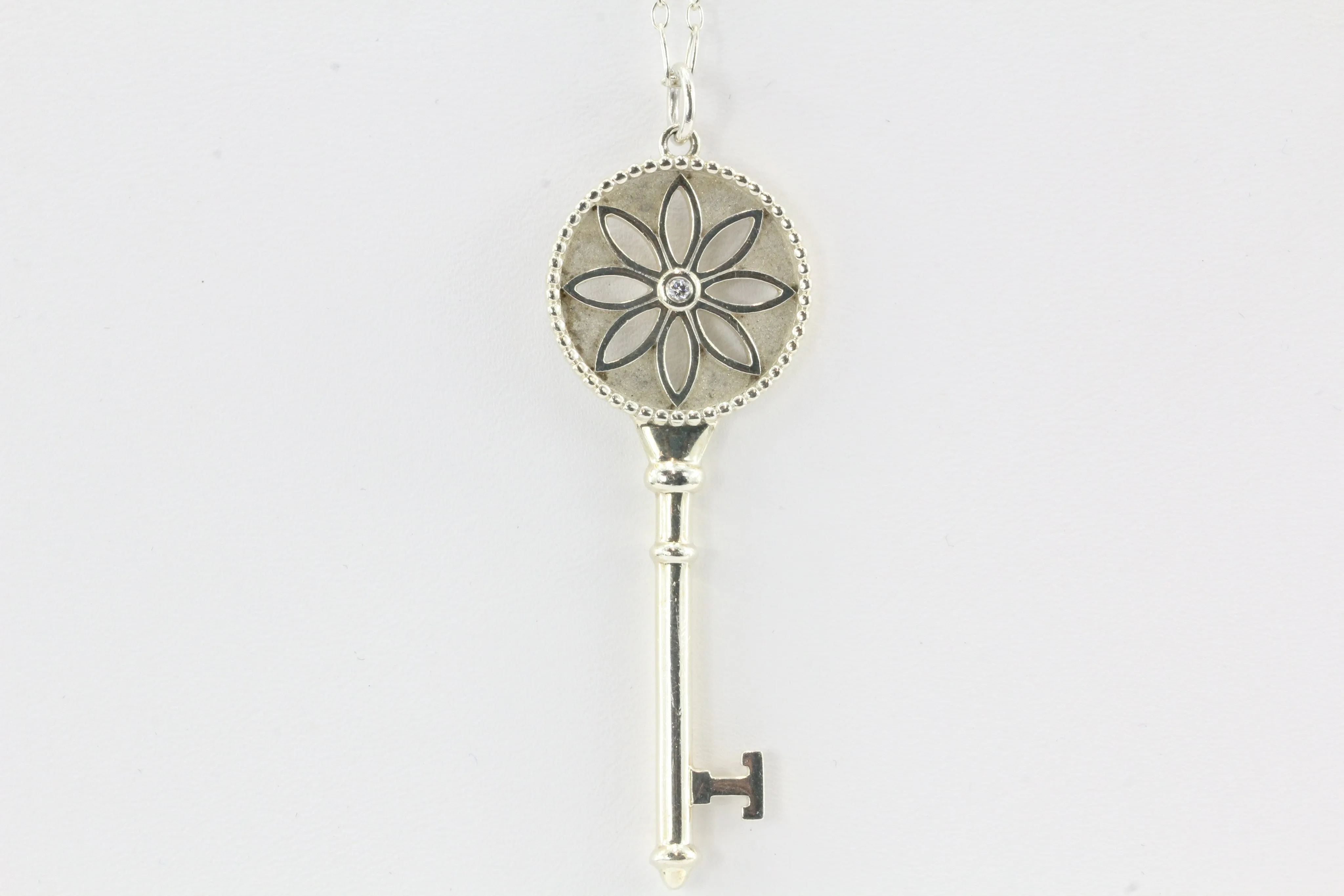 Tiffany & Co Sterling Silver Daisy Key Diamond Pendant & Chain
