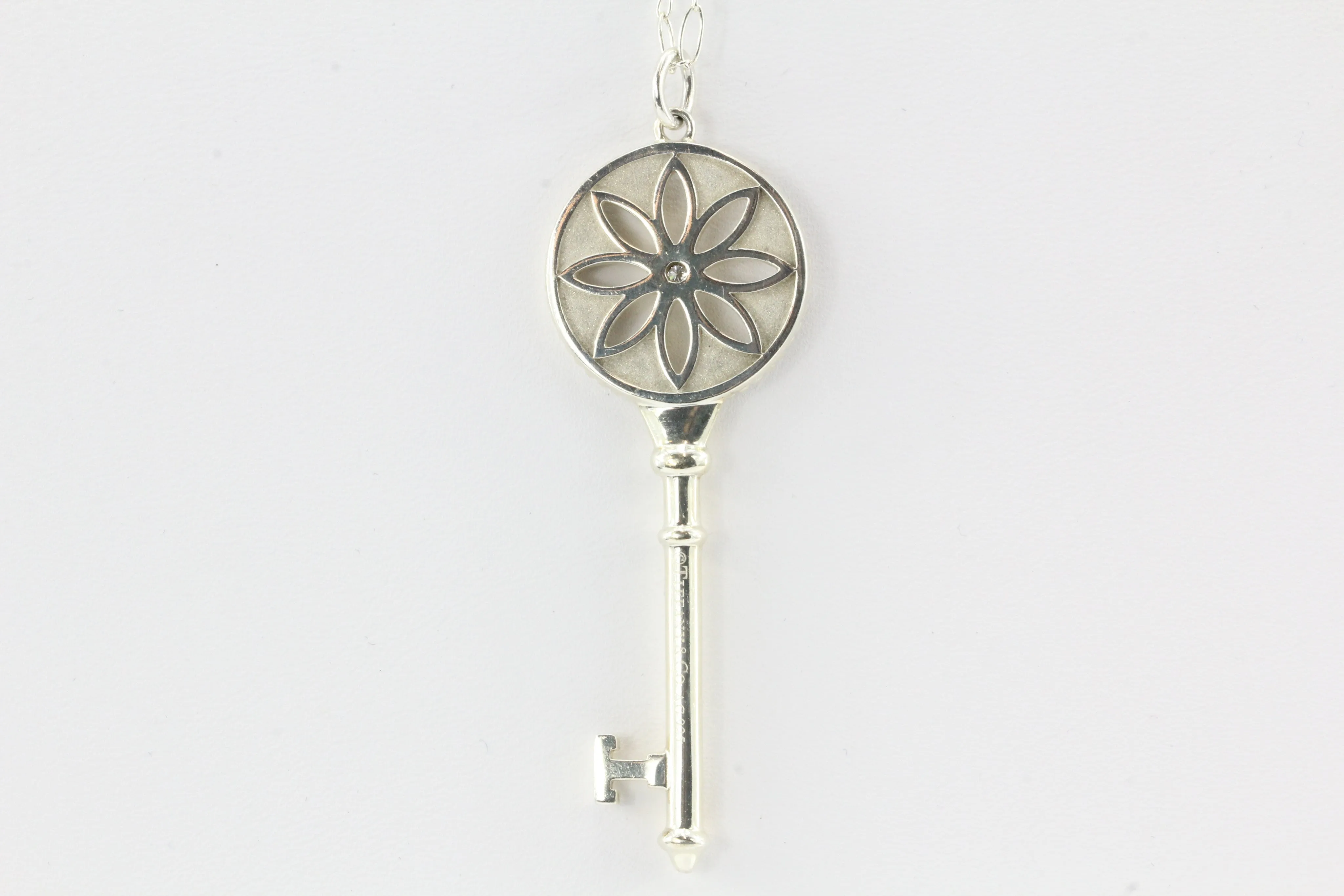 Tiffany & Co Sterling Silver Daisy Key Diamond Pendant & Chain