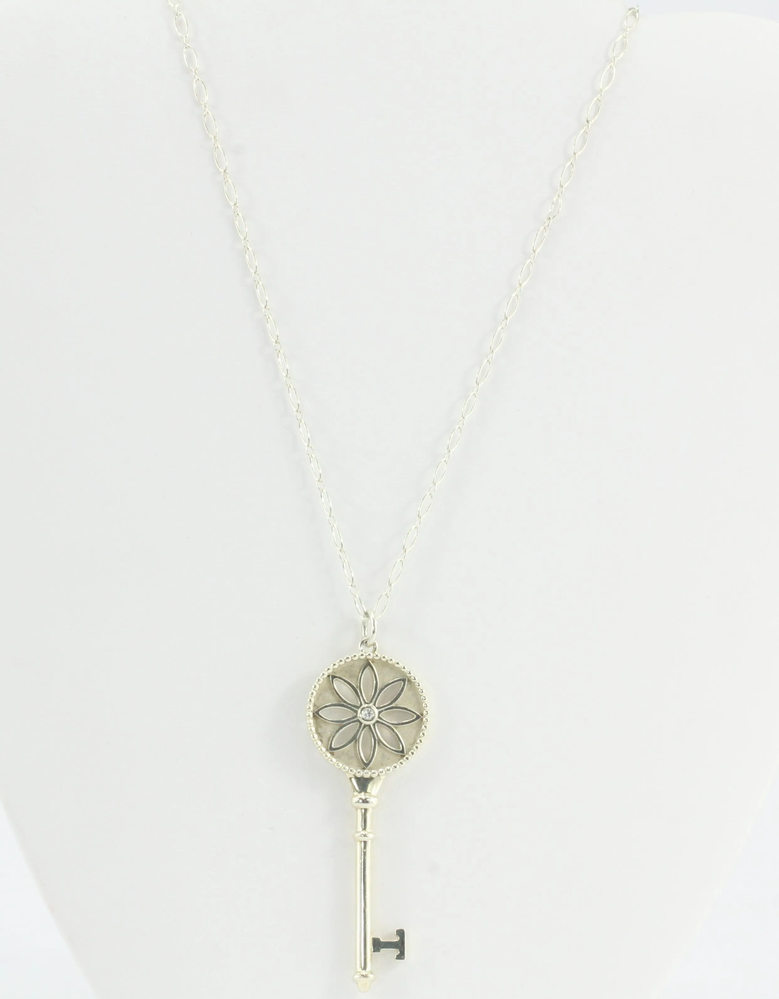 Tiffany & Co Sterling Silver Daisy Key Diamond Pendant & Chain