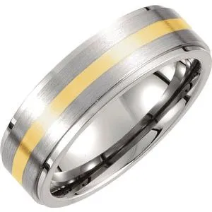 Titanium & 14K Yellow Inlay 7 mm Ridged & Satin Finished Band Size 12