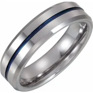 Tungsten Grooved Band with Blue Enamel Size 11.5