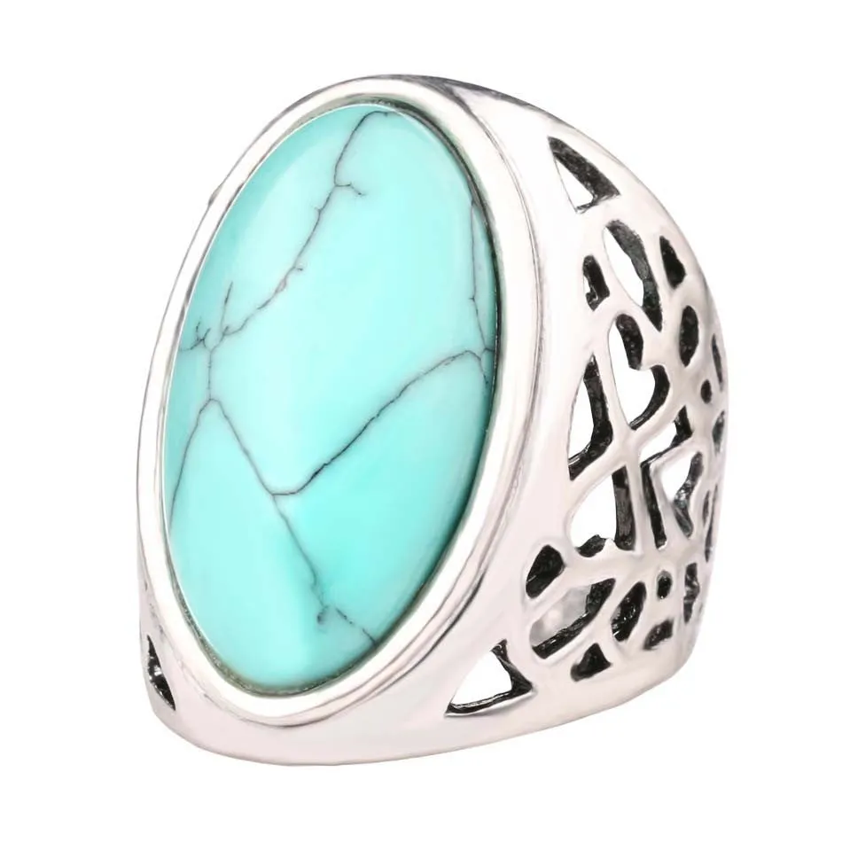 Unique Big Oval Turquoise Ring Bohemian Style Tibet Silver Alloy Jewelry Forever Love Free Promise Rings Carteiras Femininas