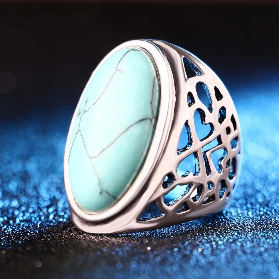 Unique Big Oval Turquoise Ring Bohemian Style Tibet Silver Alloy Jewelry Forever Love Free Promise Rings Carteiras Femininas