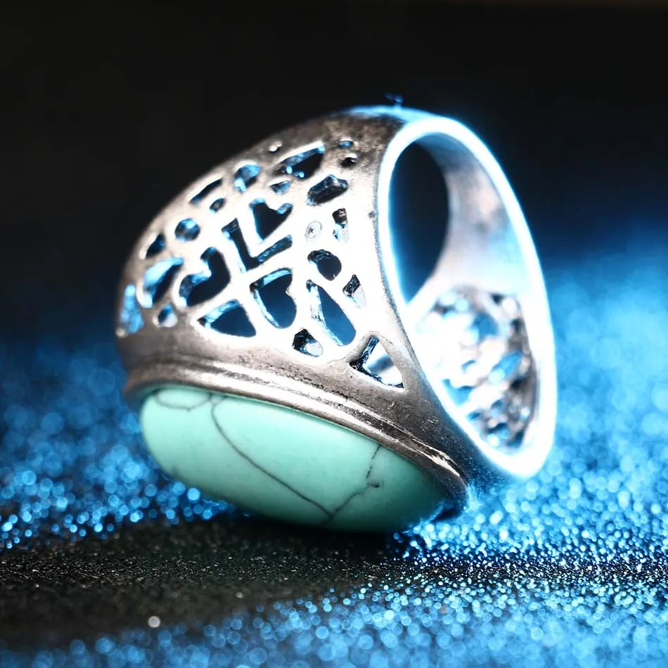 Unique Big Oval Turquoise Ring Bohemian Style Tibet Silver Alloy Jewelry Forever Love Free Promise Rings Carteiras Femininas