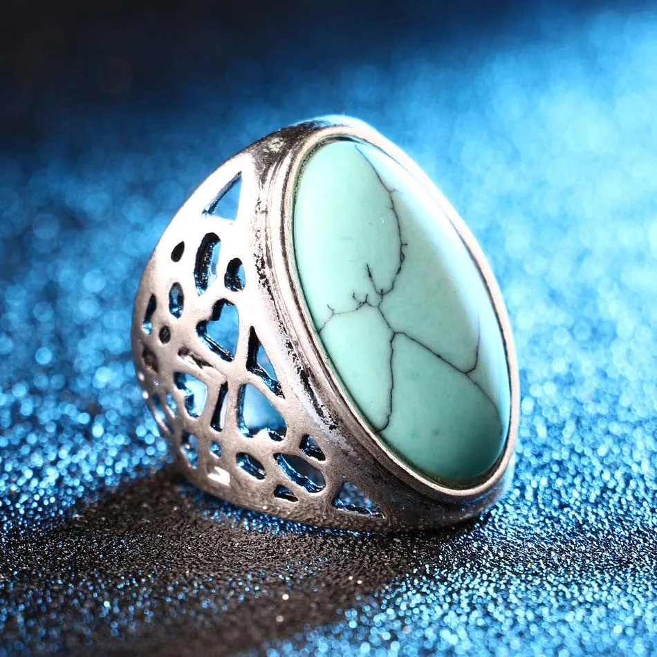 Unique Big Oval Turquoise Ring Bohemian Style Tibet Silver Alloy Jewelry Forever Love Free Promise Rings Carteiras Femininas