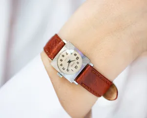 Unused women wristwatch silver shade Glory vintage, square lady watch sunburst case, minimalist watch gift her, new premium leather strap