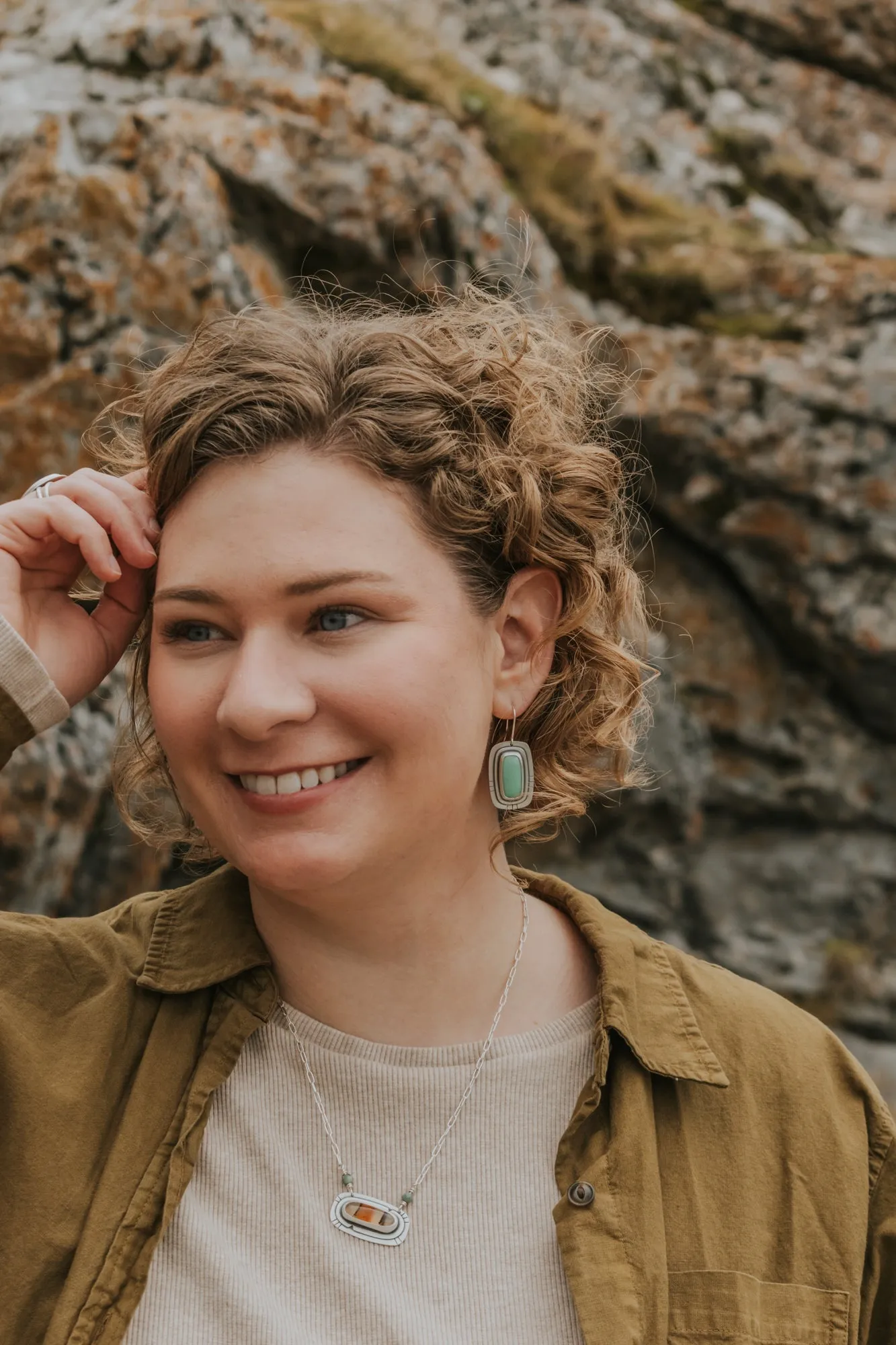 Variscite Statement Earrings with Line Stamping