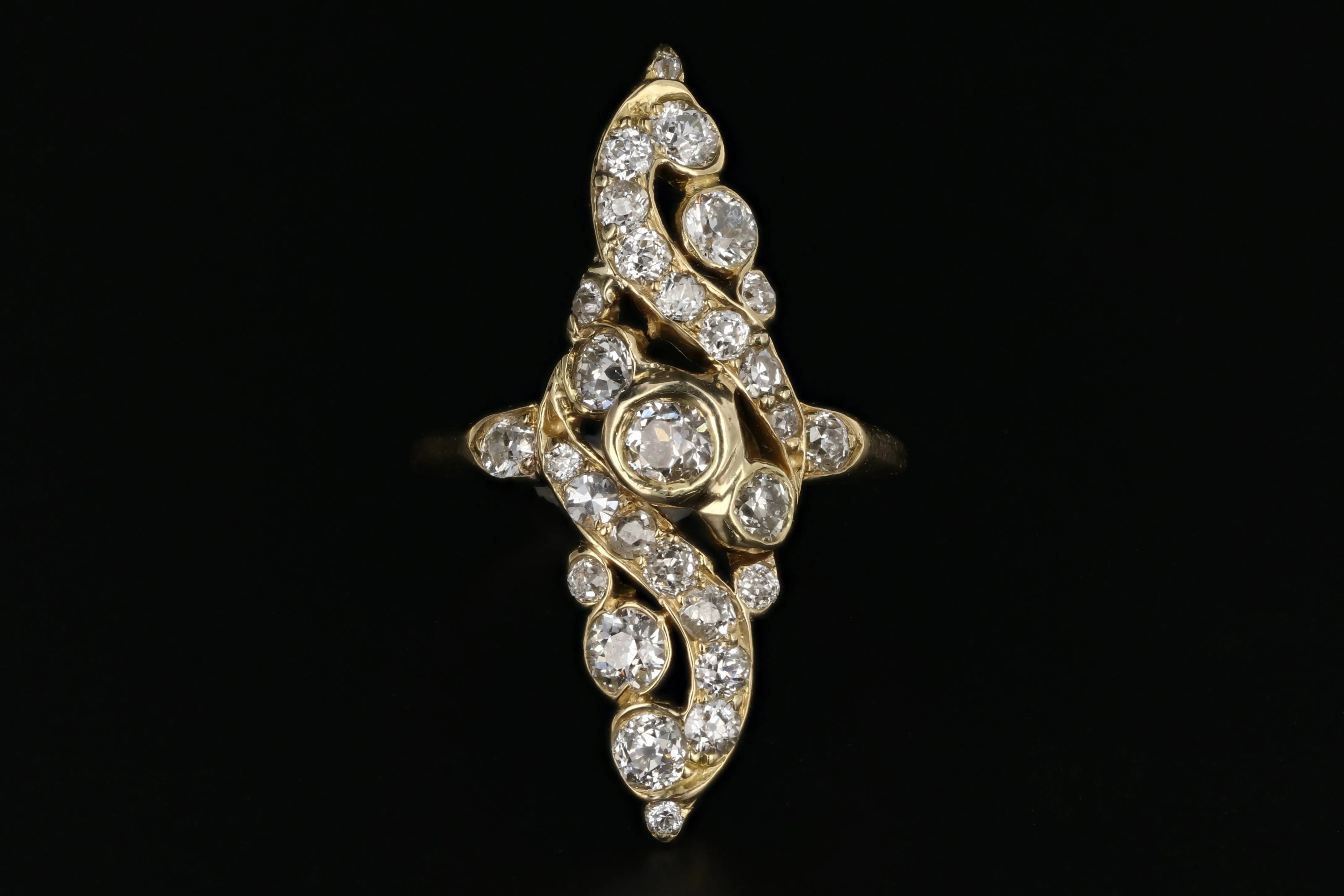 Victorian 18K Yellow Gold 1.5 Carat Old European Cut Diamond Navette Ring