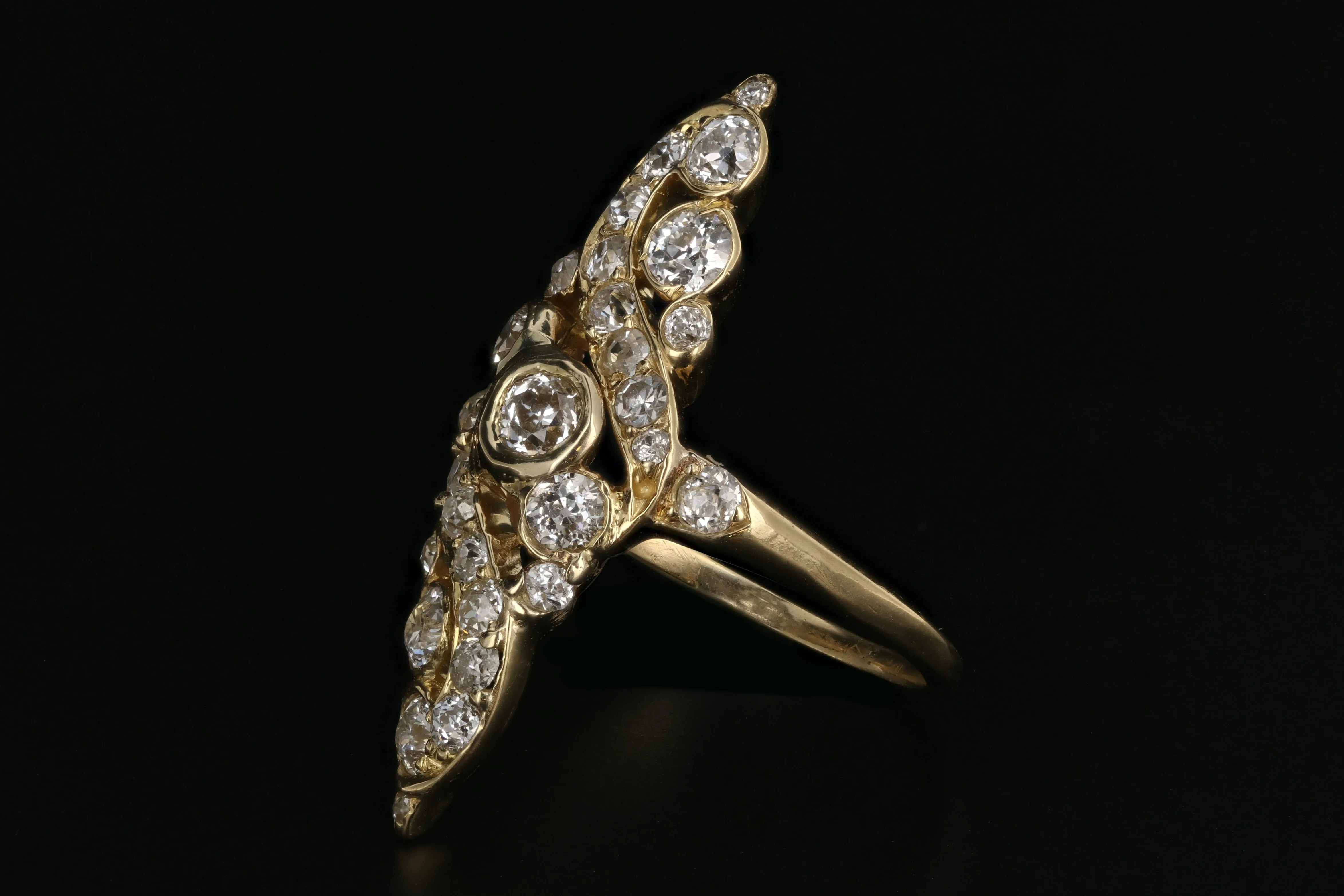 Victorian 18K Yellow Gold 1.5 Carat Old European Cut Diamond Navette Ring