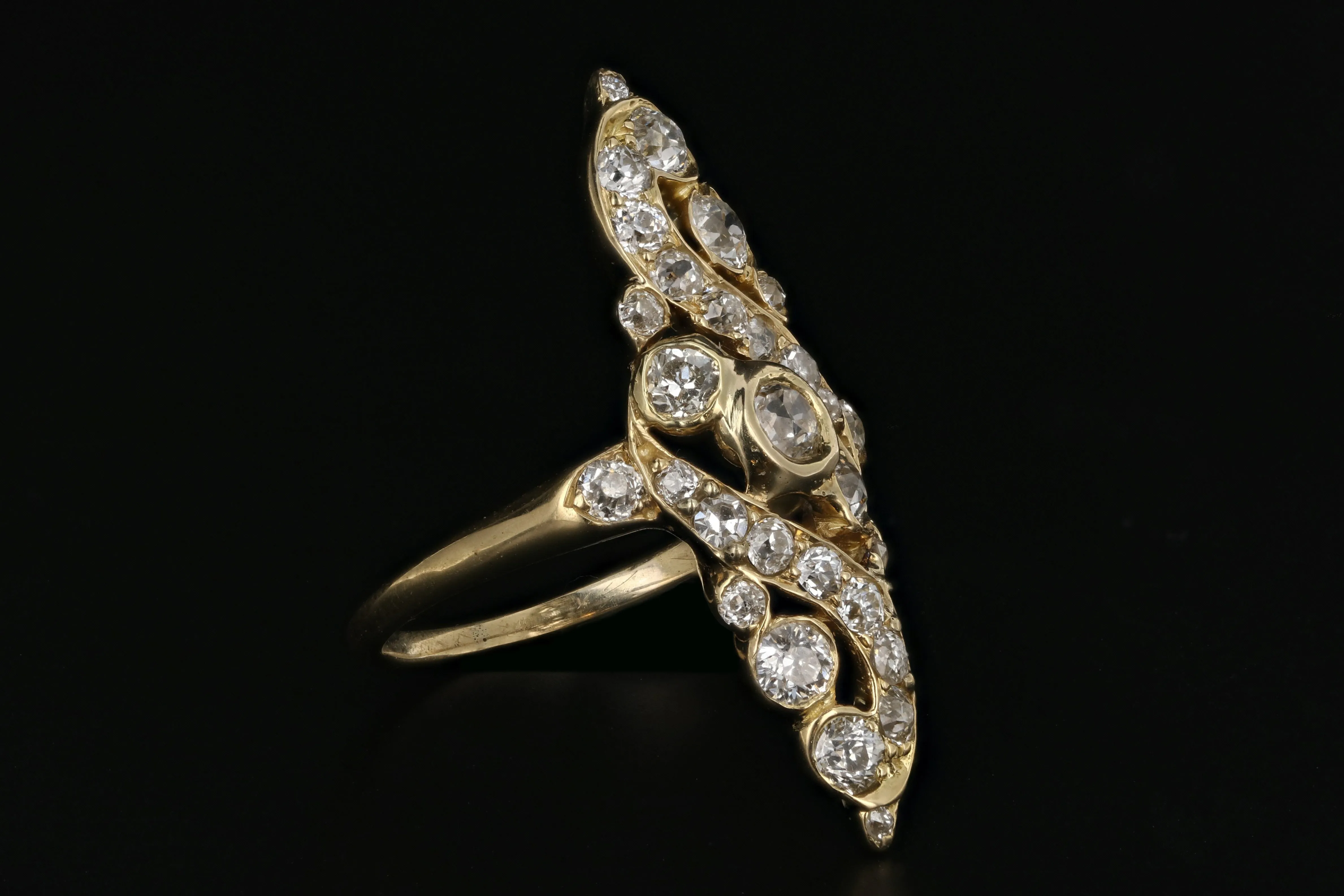 Victorian 18K Yellow Gold 1.5 Carat Old European Cut Diamond Navette Ring