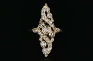 Victorian 18K Yellow Gold 1.5 Carat Old European Cut Diamond Navette Ring