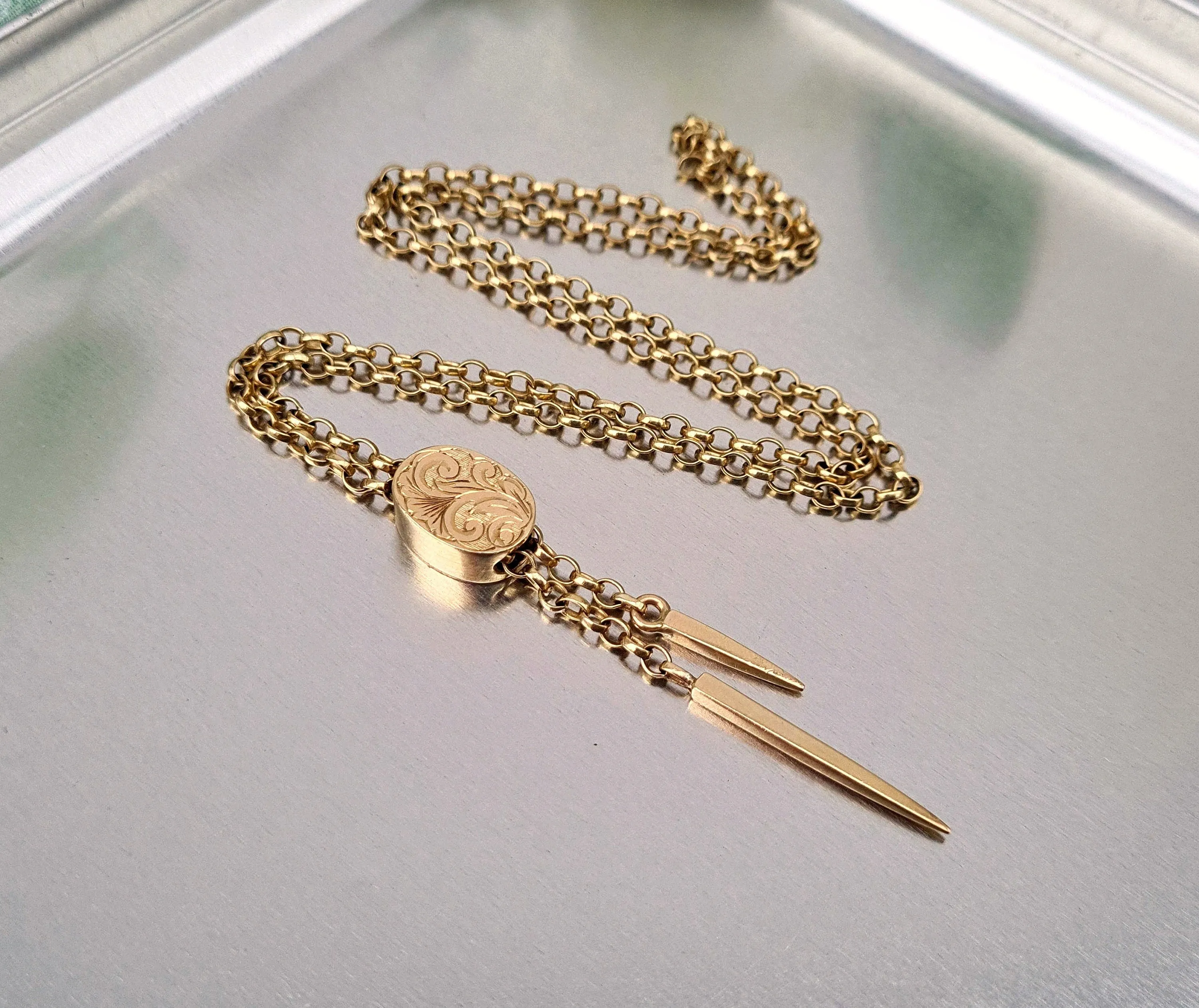 Vintage 1980 Solid 9ct Yellow Lariat Necklace Chain with Engraved Slide Pendant 18" / 8.6 grams