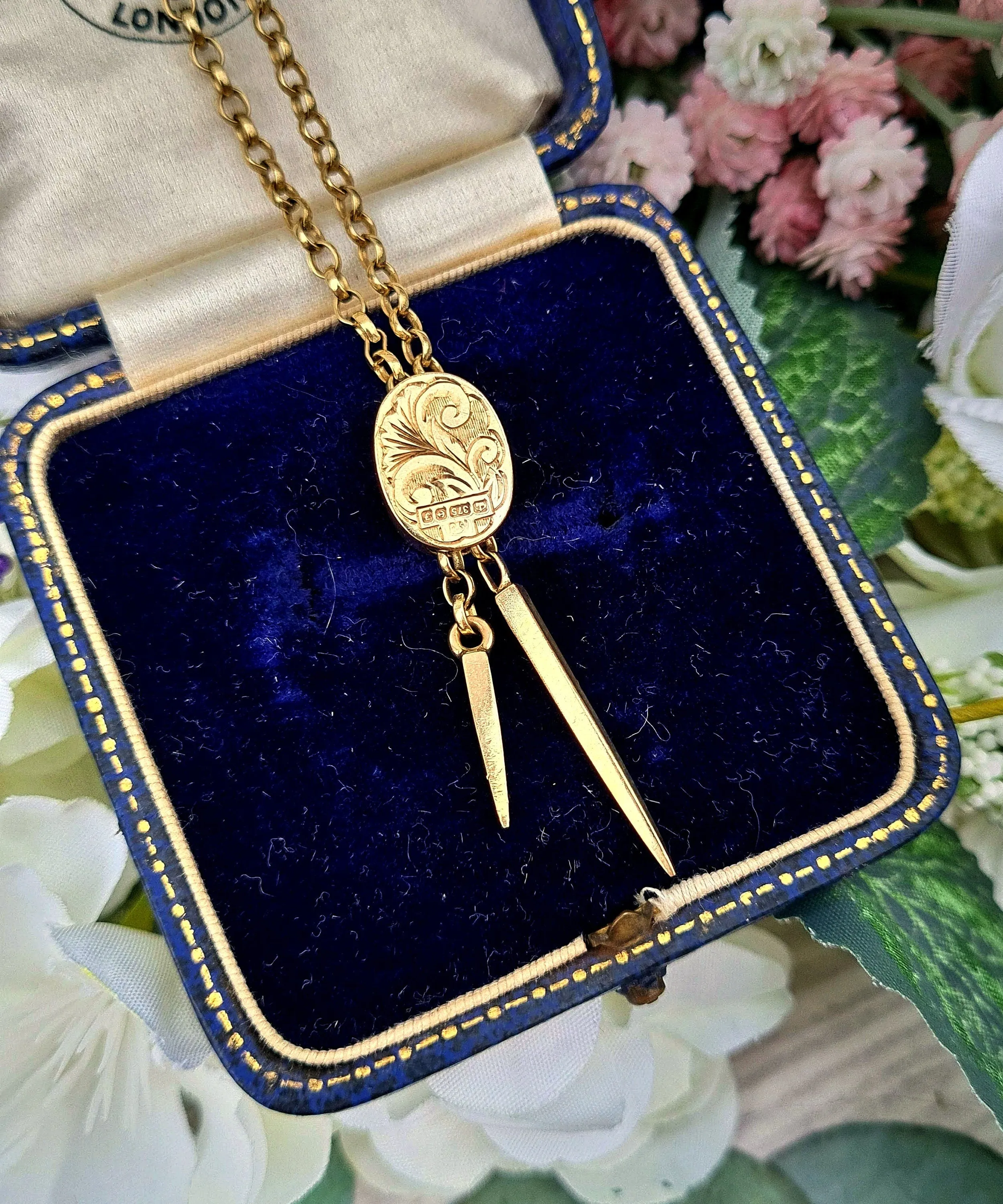 Vintage 1980 Solid 9ct Yellow Lariat Necklace Chain with Engraved Slide Pendant 18" / 8.6 grams