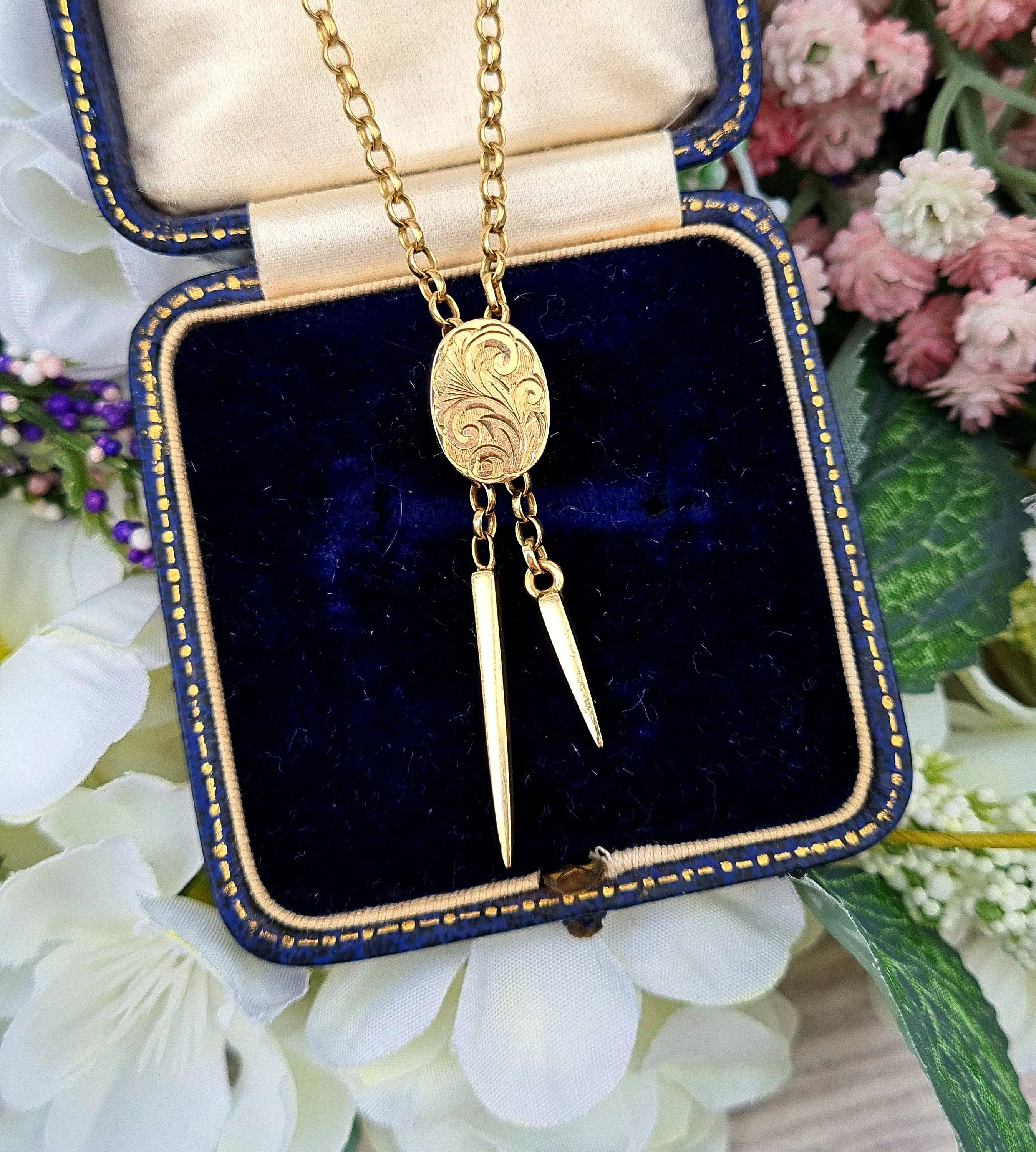 Vintage 1980 Solid 9ct Yellow Lariat Necklace Chain with Engraved Slide Pendant 18" / 8.6 grams