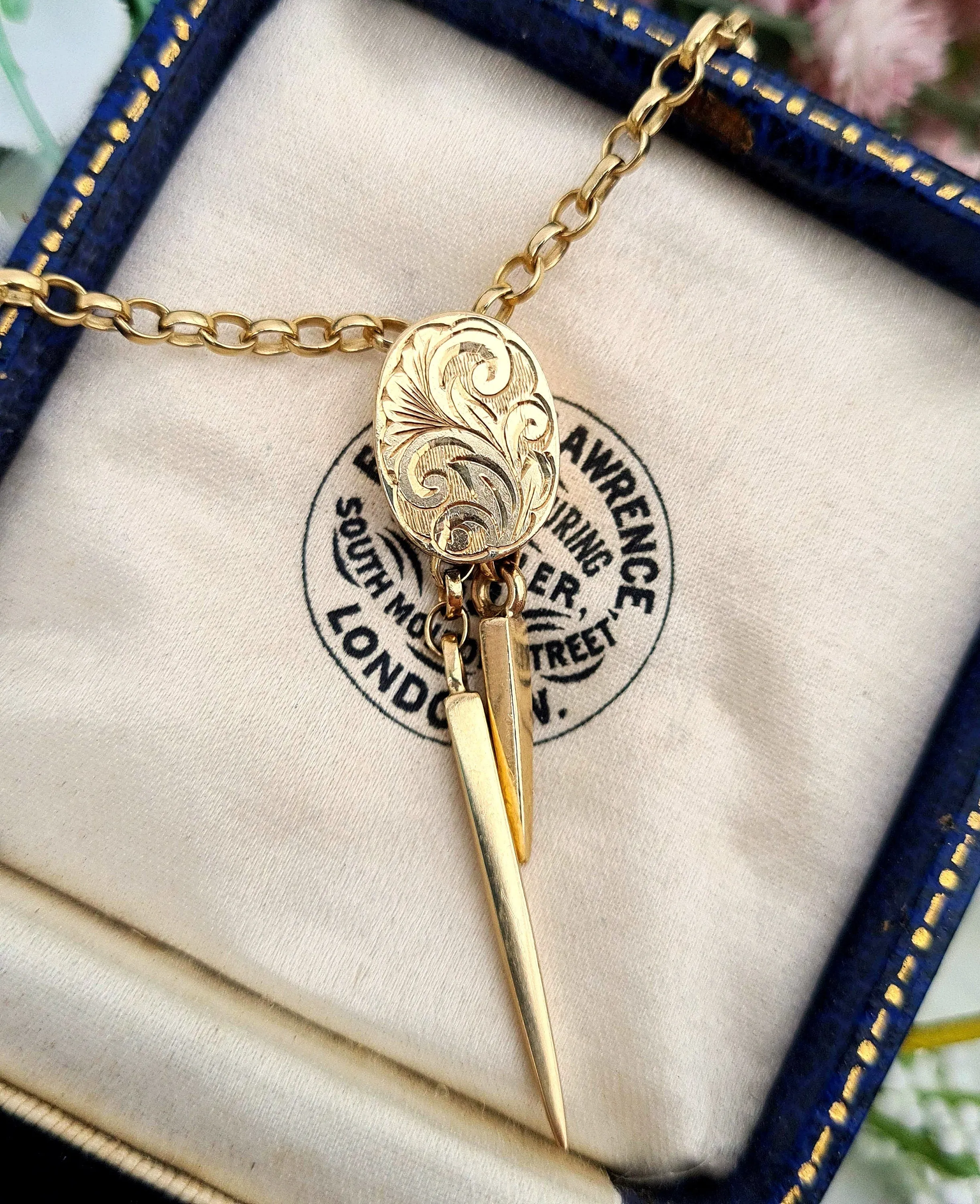 Vintage 1980 Solid 9ct Yellow Lariat Necklace Chain with Engraved Slide Pendant 18" / 8.6 grams