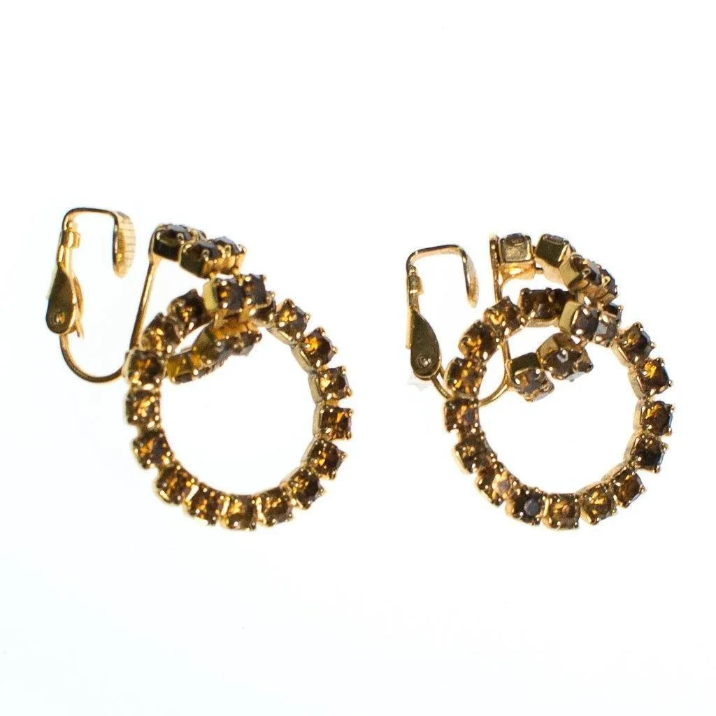 Vintage Amber Rhinestone Doorknocker Hoop Statement Earrings, Clip On