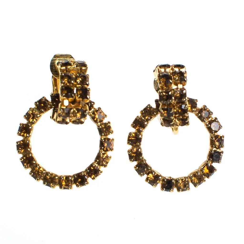 Vintage Amber Rhinestone Doorknocker Hoop Statement Earrings, Clip On
