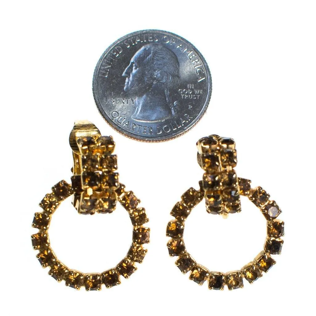 Vintage Amber Rhinestone Doorknocker Hoop Statement Earrings, Clip On