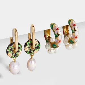 Vintage Circle Geometric Flower Huggie Drop Earrings for Women Bohemian Round Pearl Statement Drop Earrings Party Enamel Jewelry