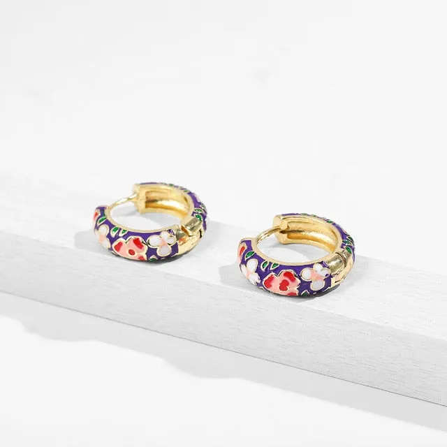 Vintage Circle Geometric Flower Huggie Drop Earrings for Women Bohemian Round Pearl Statement Drop Earrings Party Enamel Jewelry