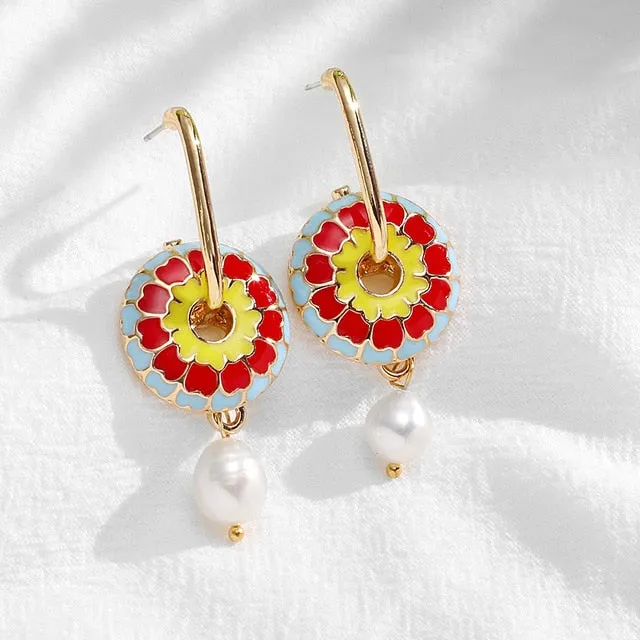 Vintage Circle Geometric Flower Huggie Drop Earrings for Women Bohemian Round Pearl Statement Drop Earrings Party Enamel Jewelry