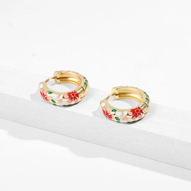 Vintage Circle Geometric Flower Huggie Drop Earrings for Women Bohemian Round Pearl Statement Drop Earrings Party Enamel Jewelry
