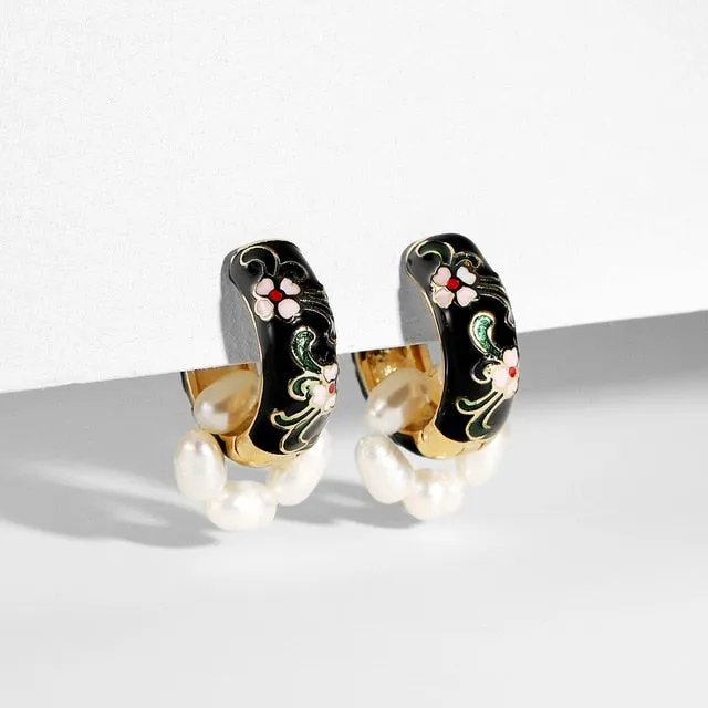 Vintage Circle Geometric Flower Huggie Drop Earrings for Women Bohemian Round Pearl Statement Drop Earrings Party Enamel Jewelry