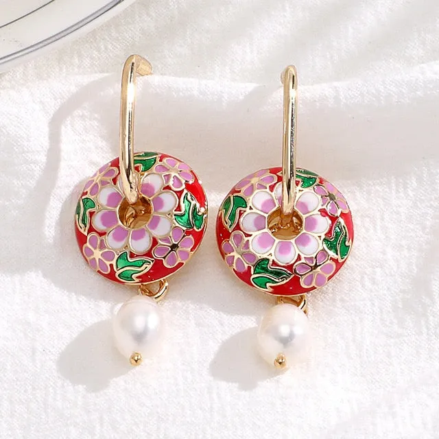 Vintage Circle Geometric Flower Huggie Drop Earrings for Women Bohemian Round Pearl Statement Drop Earrings Party Enamel Jewelry