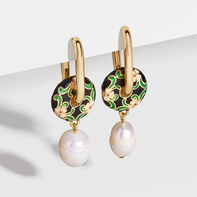 Vintage Circle Geometric Flower Huggie Drop Earrings for Women Bohemian Round Pearl Statement Drop Earrings Party Enamel Jewelry
