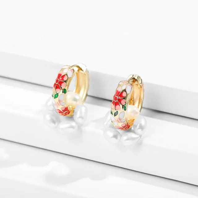 Vintage Circle Geometric Flower Huggie Drop Earrings for Women Bohemian Round Pearl Statement Drop Earrings Party Enamel Jewelry
