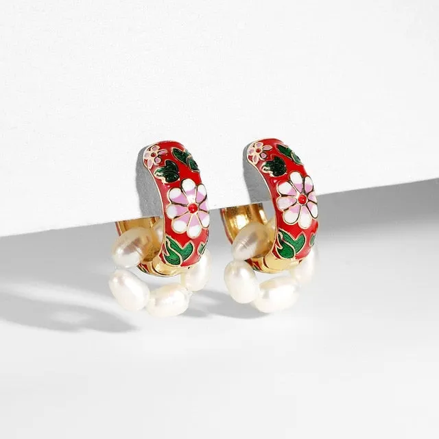 Vintage Circle Geometric Flower Huggie Drop Earrings for Women Bohemian Round Pearl Statement Drop Earrings Party Enamel Jewelry