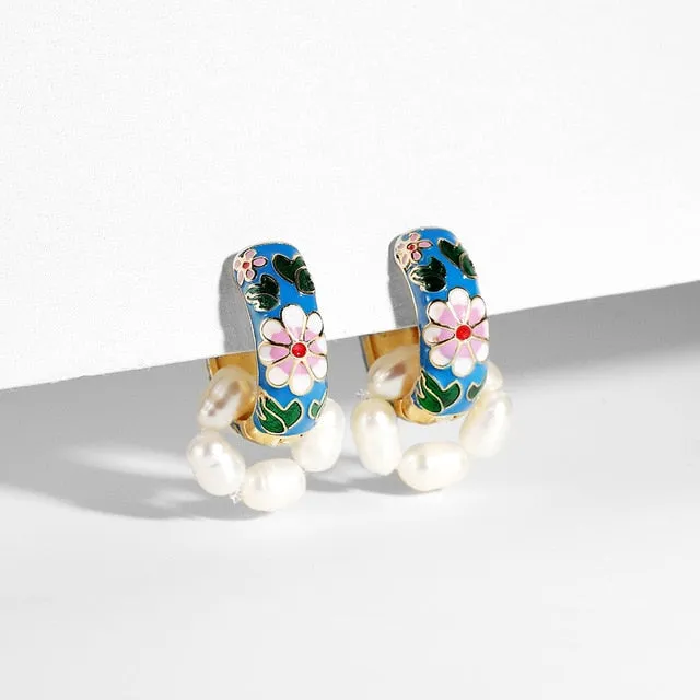 Vintage Circle Geometric Flower Huggie Drop Earrings for Women Bohemian Round Pearl Statement Drop Earrings Party Enamel Jewelry