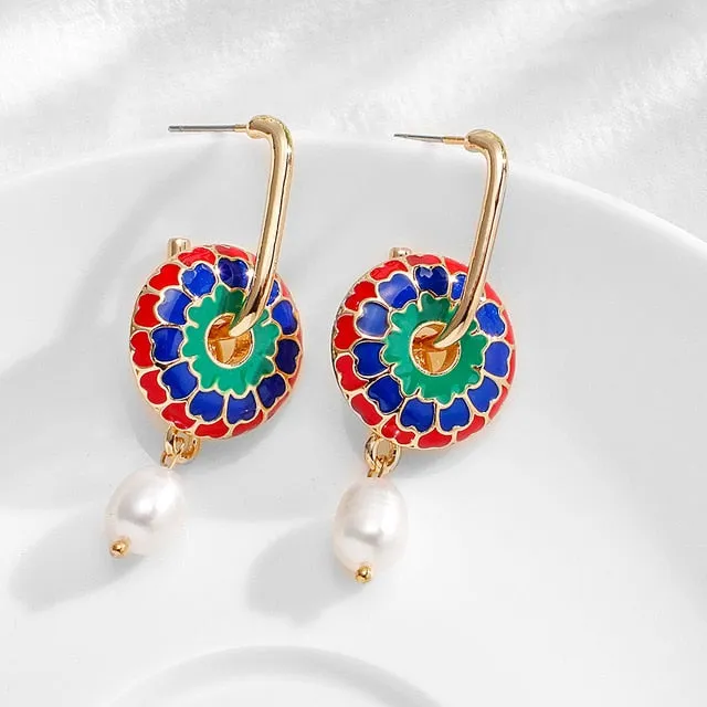 Vintage Circle Geometric Flower Huggie Drop Earrings for Women Bohemian Round Pearl Statement Drop Earrings Party Enamel Jewelry