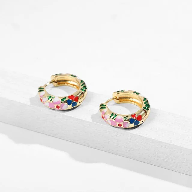 Vintage Circle Geometric Flower Huggie Drop Earrings for Women Bohemian Round Pearl Statement Drop Earrings Party Enamel Jewelry