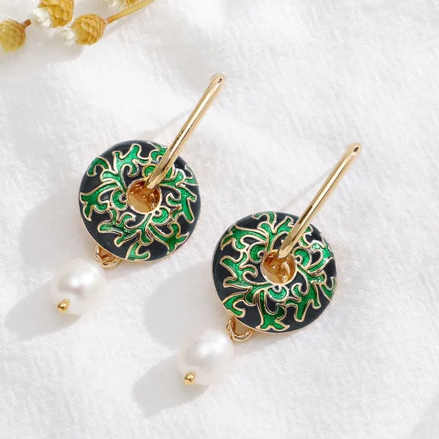 Vintage Circle Geometric Flower Huggie Drop Earrings for Women Bohemian Round Pearl Statement Drop Earrings Party Enamel Jewelry