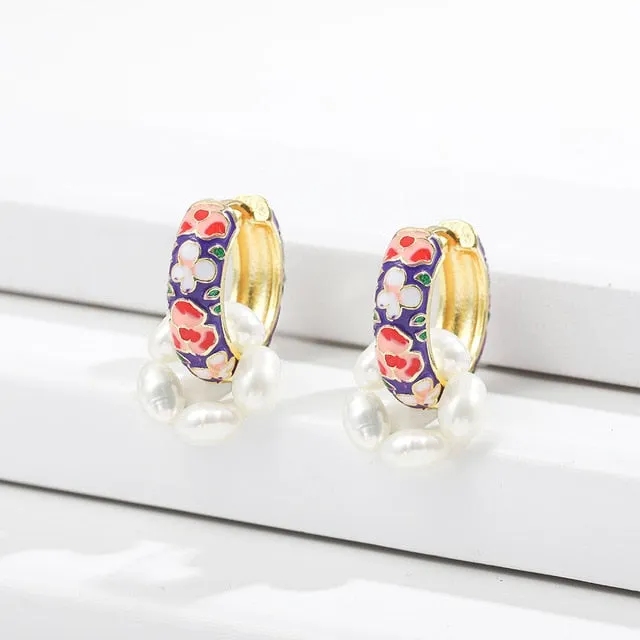 Vintage Circle Geometric Flower Huggie Drop Earrings for Women Bohemian Round Pearl Statement Drop Earrings Party Enamel Jewelry