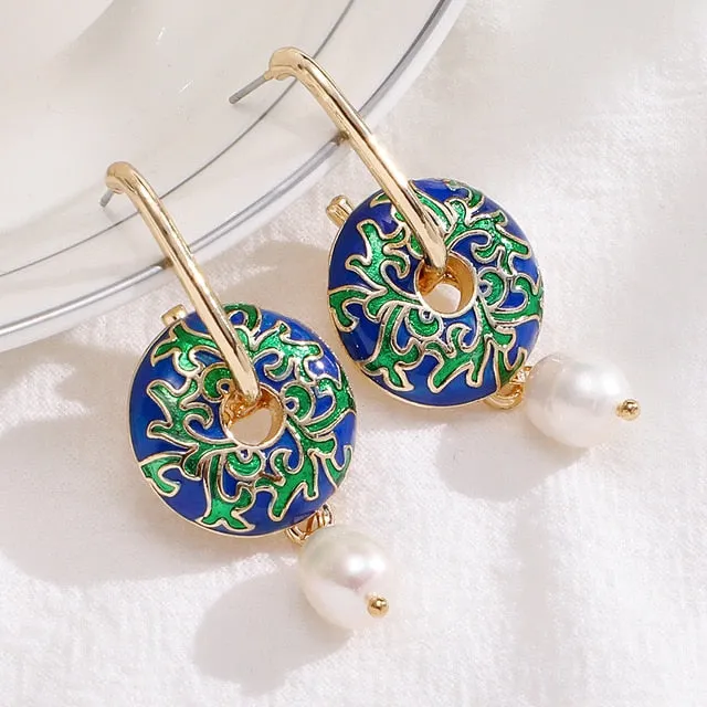 Vintage Circle Geometric Flower Huggie Drop Earrings for Women Bohemian Round Pearl Statement Drop Earrings Party Enamel Jewelry