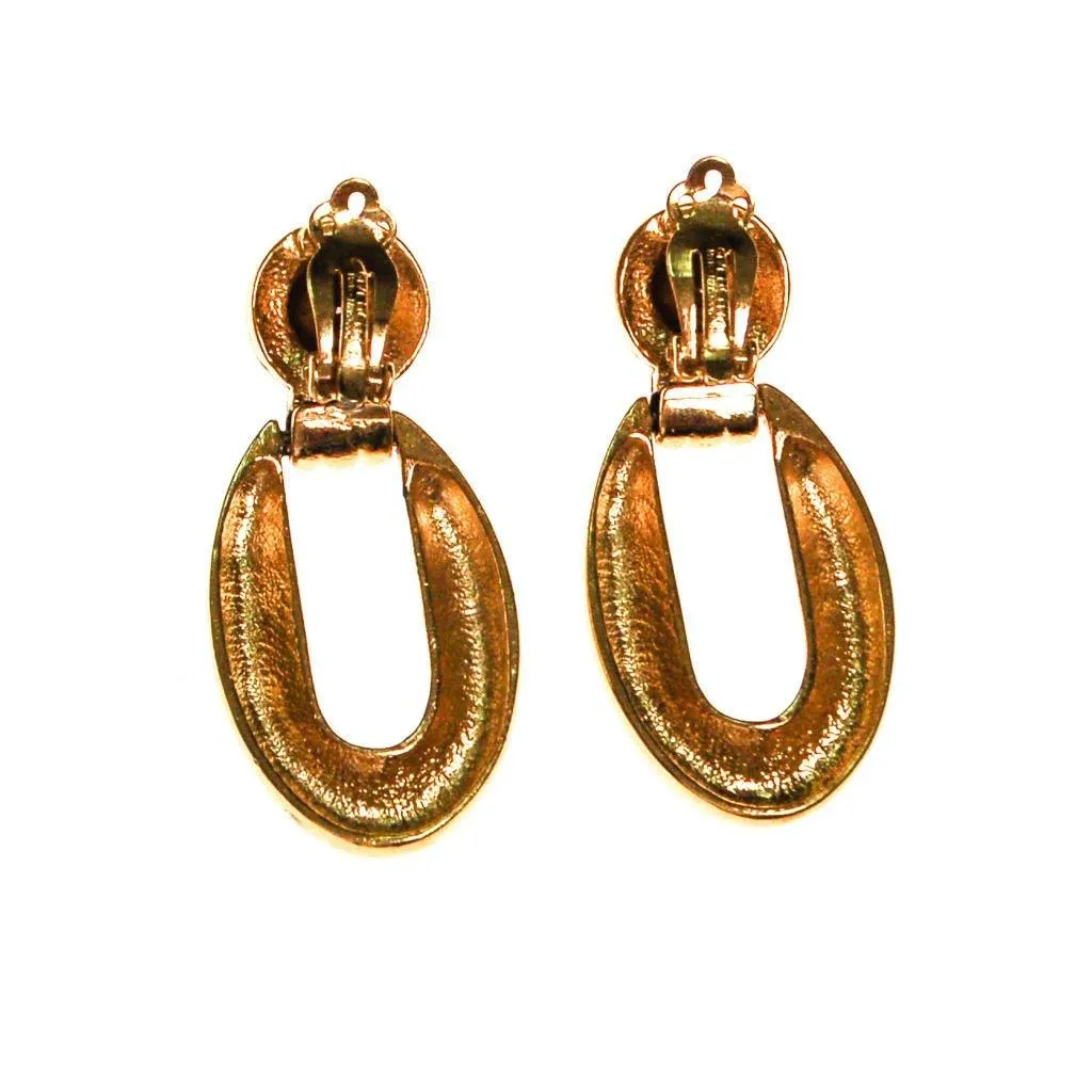 Vintage Givenchy Couture Signed Designer Gold Tone Door Knocker Earrings with Pink Rhinestone