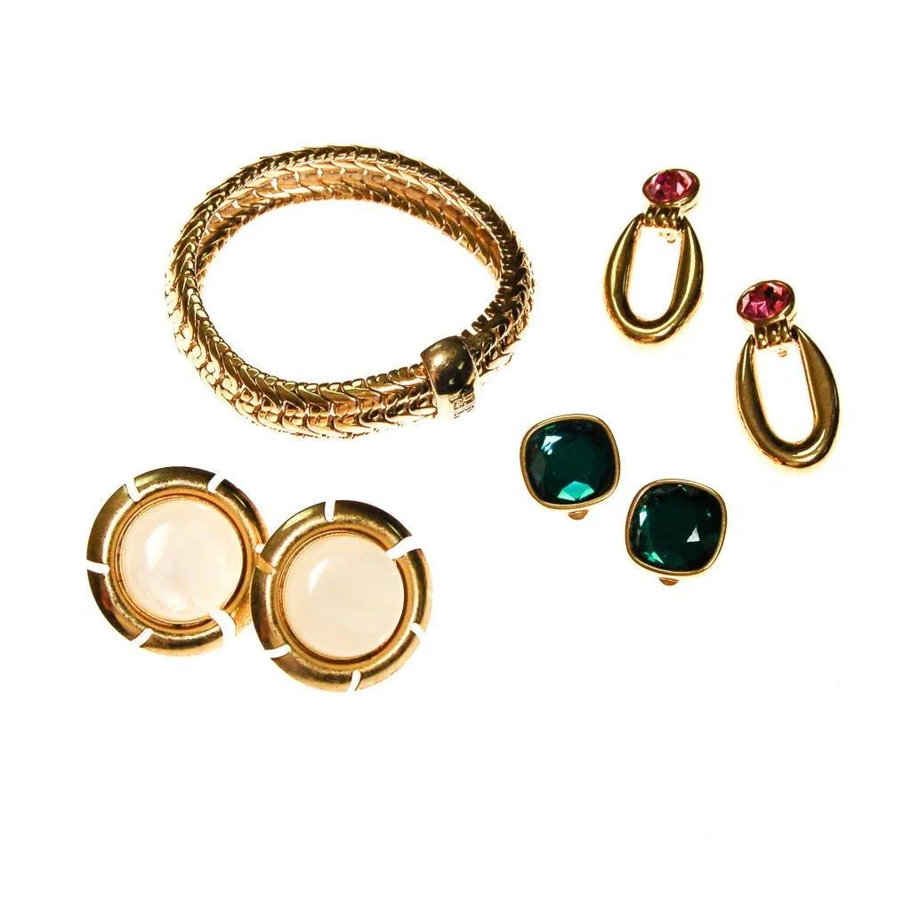 Vintage Givenchy Couture Signed Designer Gold Tone Door Knocker Earrings with Pink Rhinestone
