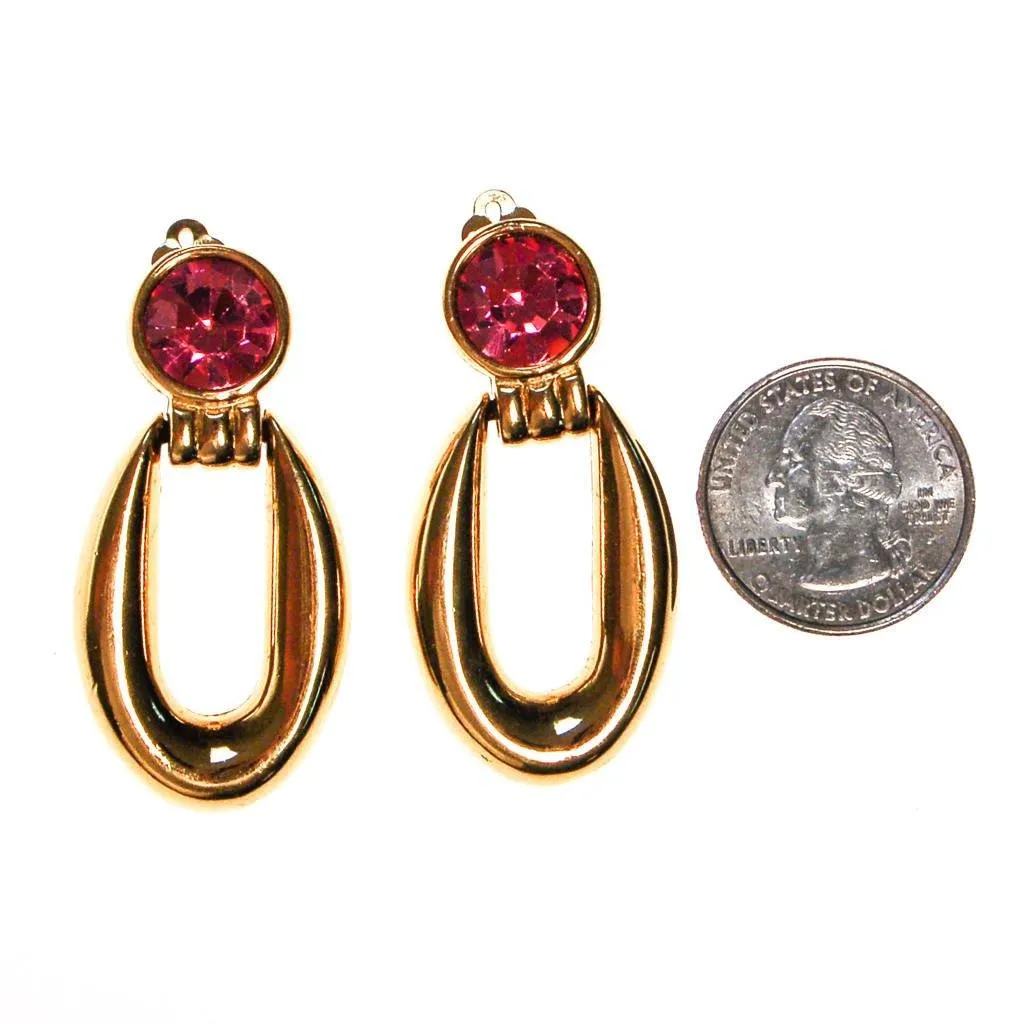 Vintage Givenchy Couture Signed Designer Gold Tone Door Knocker Earrings with Pink Rhinestone
