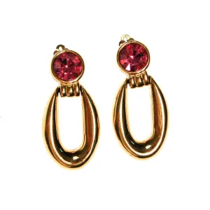 Vintage Givenchy Couture Signed Designer Gold Tone Door Knocker Earrings with Pink Rhinestone