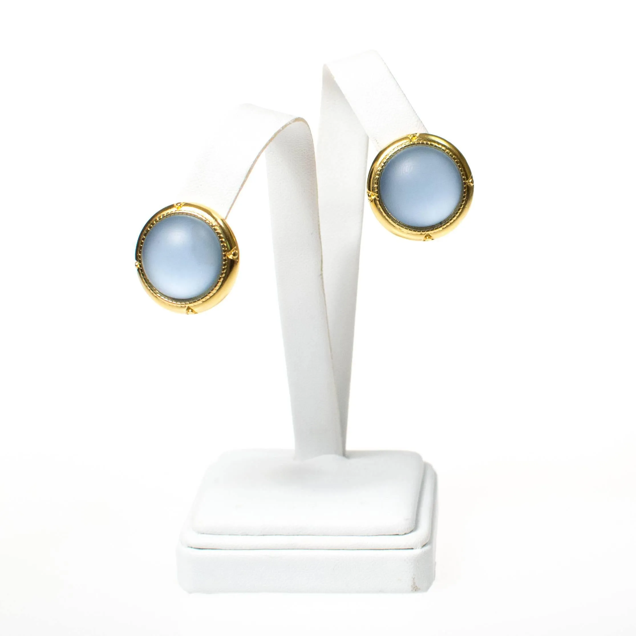 Vintage Light Blue Satin Glass Cabochon Statement Earrings